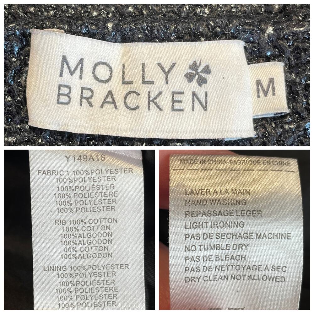 Molly Bracken Black Knit Metallic Textured Lightweight Lined Bomber Jacket M - Picture 10 of 11